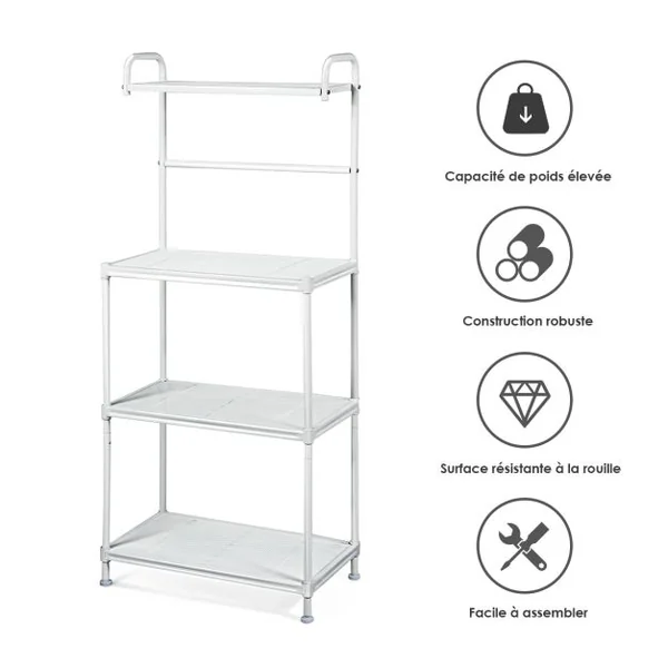 Etagère de Cuisine à 4 Niveaux Multifonctionnelle 60 x 34,5 x 136 CM Pieds Réglables Gris/Blanc/Noir
