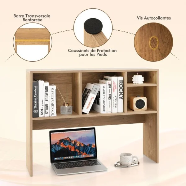 Etagère à Poser sur le Bureau Etagère de Rangement de Comptoir avec 4 Compartiments et Compartiment Arrière Ouvert Blanc/Naturel