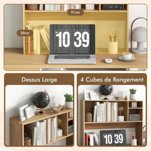 Etagère à Poser sur le Bureau Etagère de Rangement de Comptoir avec 4 Compartiments et Compartiment Arrière Ouvert Blanc/Naturel