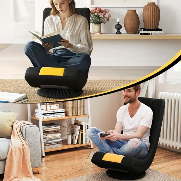 Fauteuil au Sol Pivotant à 360° Canapé de Sol Pliable Réglable à 4 Positions avec Support Lombaire Jaune et Noir