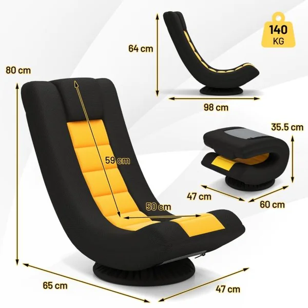 Fauteuil au Sol Pivotant à 360° Canapé de Sol Pliable Réglable à 4 Positions avec Support Lombaire Jaune et Noir