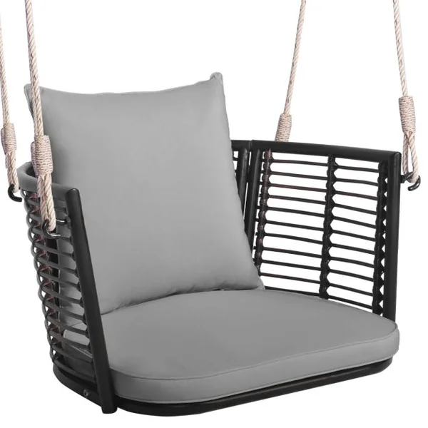 Fauteuil Chaise Suspendu en Rotin PE Charge 180KG 2 Cordes Crochets Cadre en Métal Coussins Porche Jardin Beige/Blanc/Gris