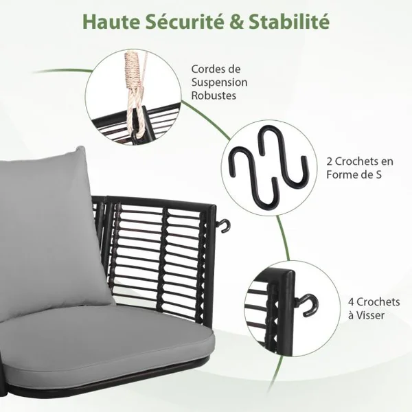 Fauteuil Chaise Suspendu en Rotin PE Charge 180KG 2 Cordes Crochets Cadre en Métal Coussins Porche Jardin Beige/Blanc/Gris
