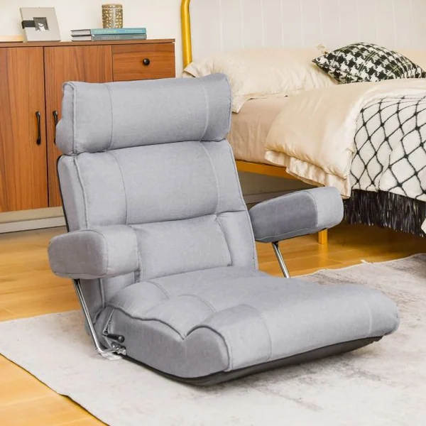 Fauteuil de Sol Pliable et Réglable avec Dossier Réglable en Continu Appui-tête à 6 Positions Support Lombaire Siège Allongé Gris/Bleu