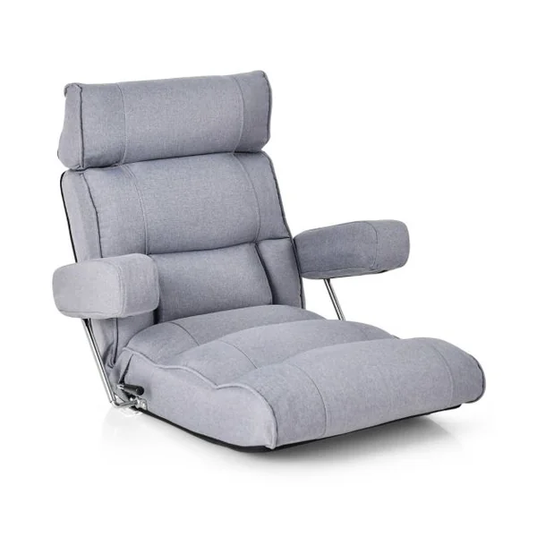 Fauteuil de Sol Pliable et Réglable avec Dossier Réglable en Continu Appui-tête à 6 Positions Support Lombaire Siège Allongé Gris/Bleu
