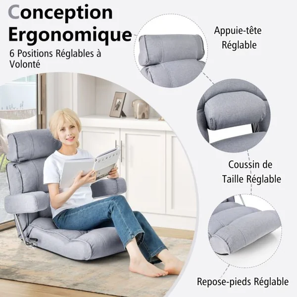 Fauteuil de Sol Pliable et Réglable avec Dossier Réglable en Continu Appui-tête à 6 Positions Support Lombaire Siège Allongé Gris/Bleu