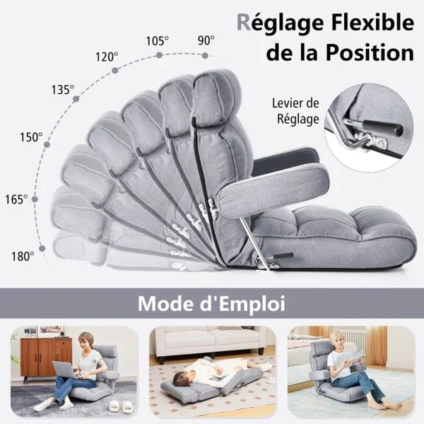 Fauteuil de Sol Pliable et Réglable avec Dossier Réglable en Continu Appui-tête à 6 Positions Support Lombaire Siège Allongé Gris/Bleu