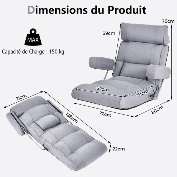 Fauteuil de Sol Pliable et Réglable avec Dossier Réglable en Continu Appui-tête à 6 Positions Support Lombaire Siège Allongé Gris/Bleu