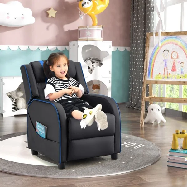 Fauteuil pour Enfant en Cuir PU avec Repose-pieds Charge 50kg Bleu