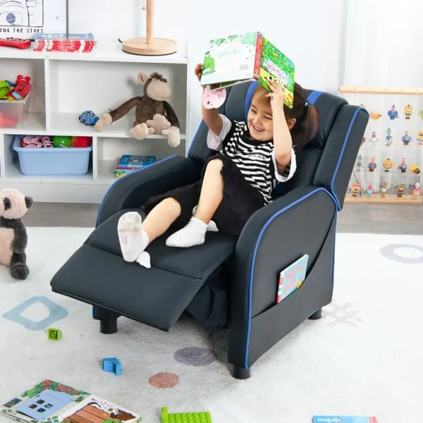 Fauteuil pour Enfant en Cuir PU avec Repose-pieds Charge 50kg Bleu