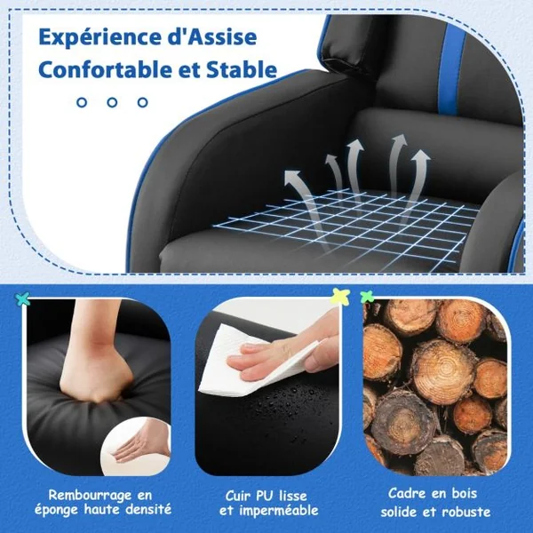 Fauteuil pour Enfant en Cuir PU avec Repose-pieds Charge 50kg Bleu