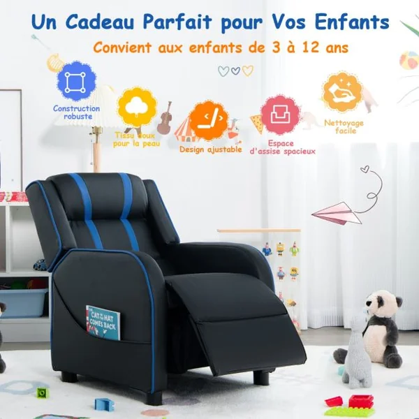 Fauteuil pour Enfant en Cuir PU avec Repose-pieds Charge 50kg Bleu