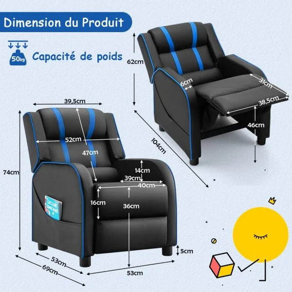 Fauteuil pour Enfant en Cuir PU avec Repose-pieds Charge 50kg Bleu