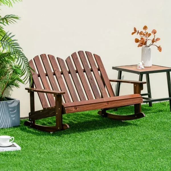 Fauteuil à Bascule Jardin en Bois de Sapin 2 Places pour Enfants de 3 Ans+ avec Inclinaison 30°Charge 100 kg Café