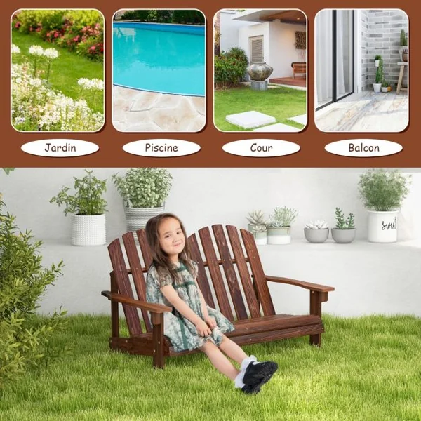 Fauteuil à Bascule Jardin en Bois de Sapin 2 Places pour Enfants de 3 Ans+ avec Inclinaison 30°Charge 100 kg Café