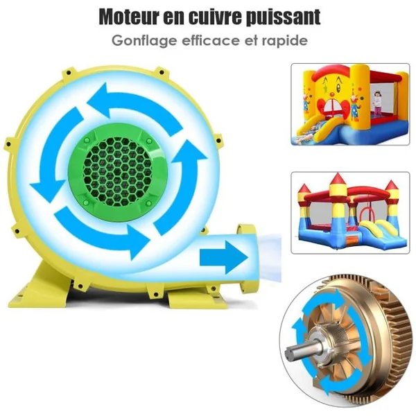Gonfleur Électrique 850W pour Château Gonflable&Toboggan Souffleur Électrique Résistant à Haute Température 8 Piquets de Sol Jaune