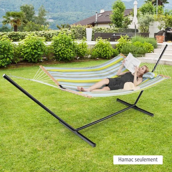Hamac Portable Pliante 191x137 cm Barres de Bois et Oreiller Amovible pour Jardin Terrasse Piscine Charge 120 kg Jaune
