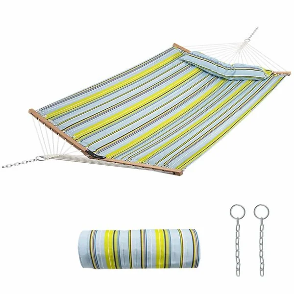 Hamac Portable Pliante 191x137 cm Barres de Bois et Oreiller Amovible pour Jardin Terrasse Piscine Charge 120 kg Jaune