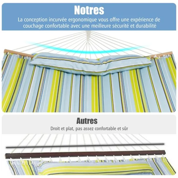 Hamac Portable Pliante 191x137 cm Barres de Bois et Oreiller Amovible pour Jardin Terrasse Piscine Charge 120 kg Jaune