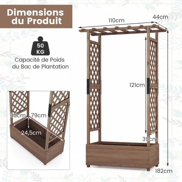 Jardinière avec 2 Treillis Latéraux Toit Suspendu en Bois de Sapin avec Trou de Drainage Lit de Jardin Surélevé 182x110x44cm Orange/Café/Naturel