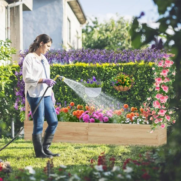 Jardinière avec 2 Treillis Latéraux Toit Suspendu en Bois de Sapin avec Trou de Drainage Lit de Jardin Surélevé 200,5x113,5x44cm Orange/Naturel