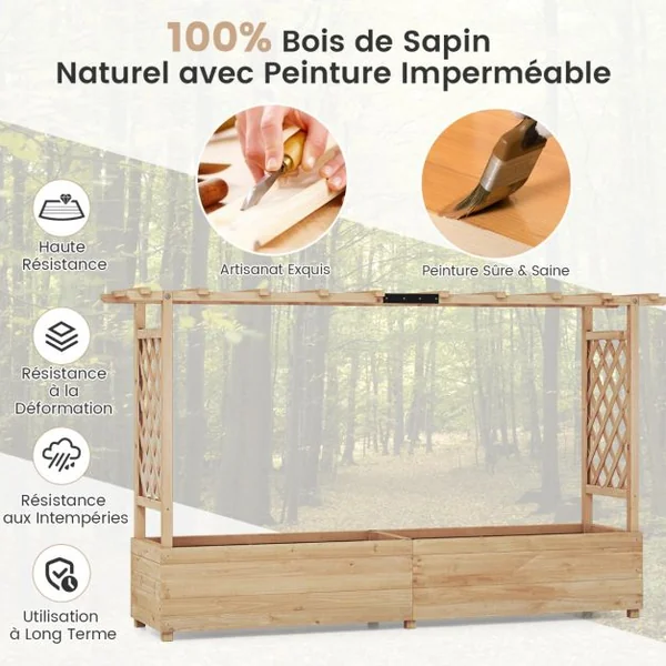 Jardinière avec 2 Treillis Latéraux Toit Suspendu en Bois de Sapin avec Trou de Drainage Lit de Jardin Surélevé 200,5x113,5x44cm Orange/Naturel