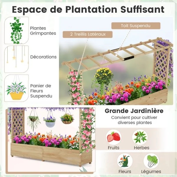 Jardinière avec 2 Treillis Latéraux Toit Suspendu en Bois de Sapin avec Trou de Drainage Lit de Jardin Surélevé 200,5x113,5x44cm Orange/Naturel