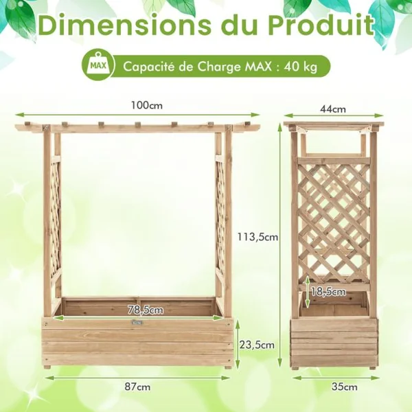 Jardinière avec Treillis Latéraux et Toit Suspendu Bois Sapin Pré-huilé 110x44x113,5 CM Bac à Fleurs avec Trou de Drainage Orange/Natural/Café