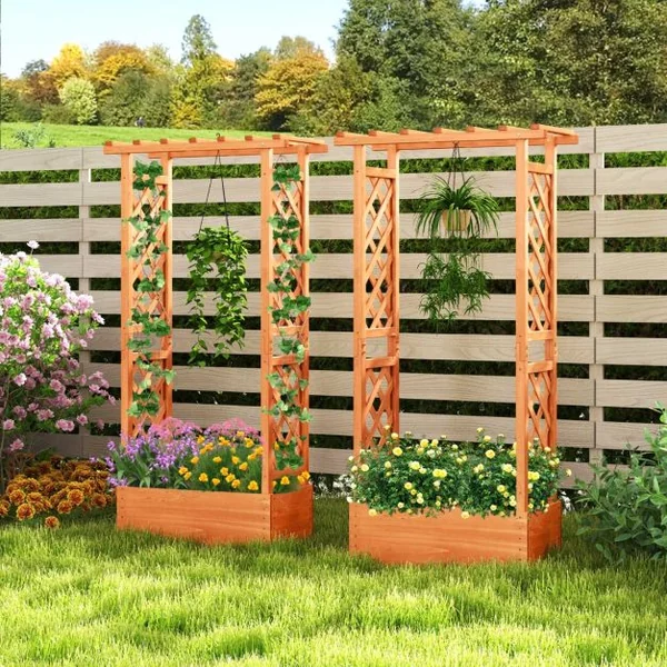 Jardinière avec Treillis Toit Suspendu en Bois avec Trou de Drainage Lit de Jardin Surélevé pour Plante Grimpante 66 x 32 x 152 cm Orange
