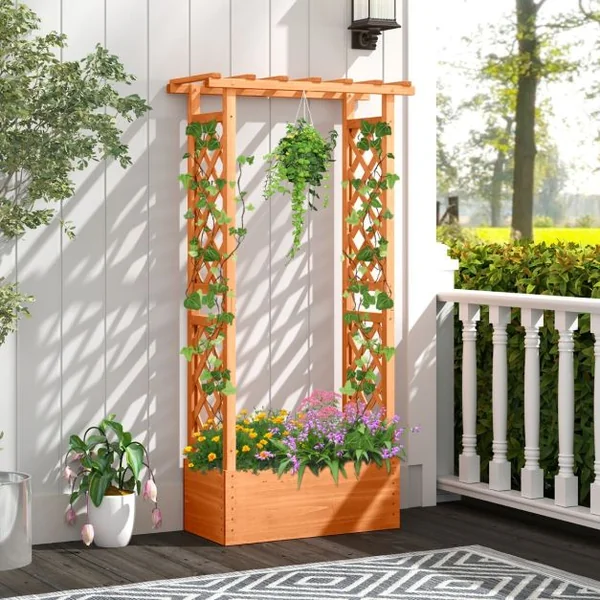 Jardinière avec Treillis Toit Suspendu en Bois avec Trou de Drainage Lit de Jardin Surélevé pour Plante Grimpante 66 x 32 x 152 cm Orange
