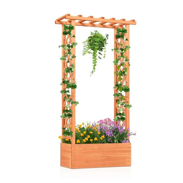 Jardinière avec Treillis Toit Suspendu en Bois avec Trou de Drainage Lit de Jardin Surélevé pour Plante Grimpante 66 x 32 x 152 cm Orange