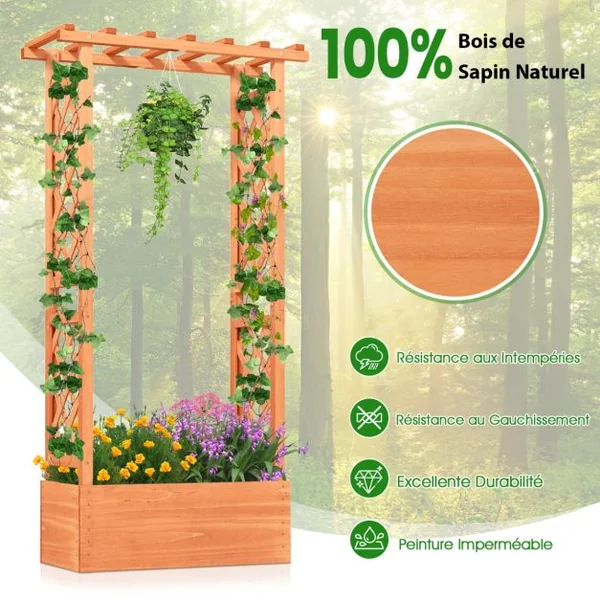 Jardinière avec Treillis Toit Suspendu en Bois avec Trou de Drainage Lit de Jardin Surélevé pour Plante Grimpante 66 x 32 x 152 cm Orange
