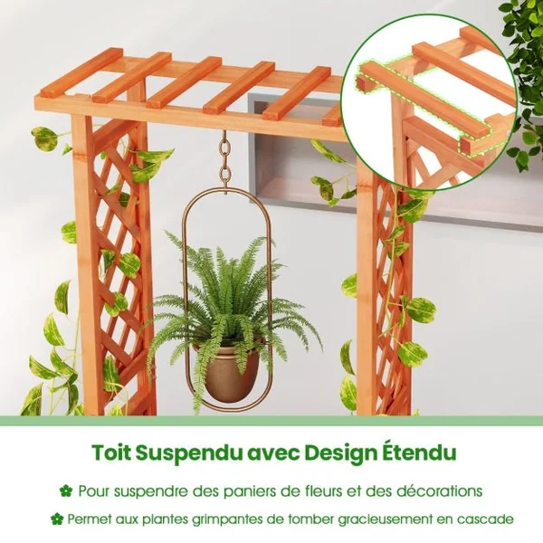 Jardinière avec Treillis Toit Suspendu en Bois avec Trou de Drainage Lit de Jardin Surélevé pour Plante Grimpante 66 x 32 x 152 cm Orange