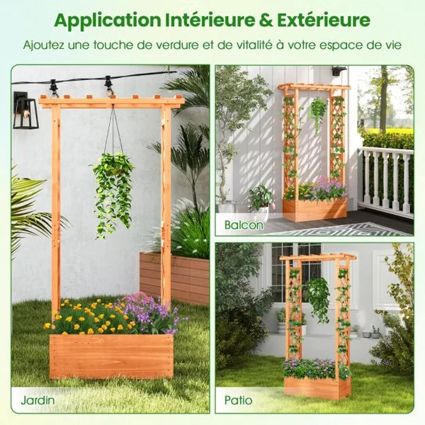 Jardinière avec Treillis Toit Suspendu en Bois avec Trou de Drainage Lit de Jardin Surélevé pour Plante Grimpante 66 x 32 x 152 cm Orange