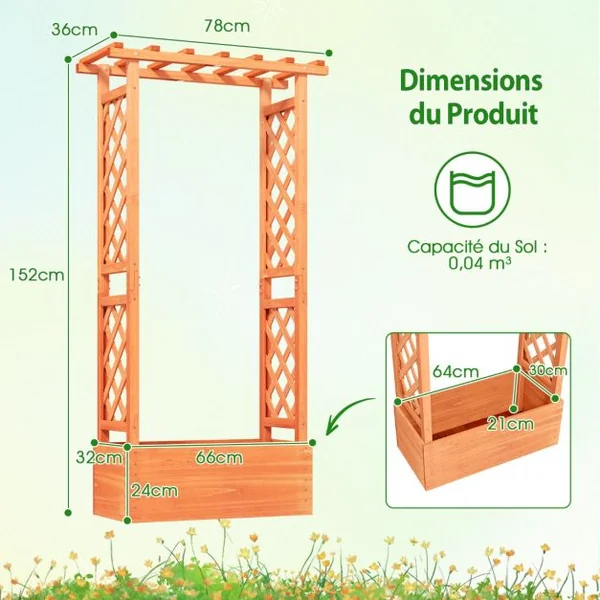 Jardinière avec Treillis Toit Suspendu en Bois avec Trou de Drainage Lit de Jardin Surélevé pour Plante Grimpante 66 x 32 x 152 cm Orange