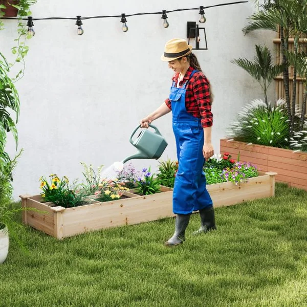 Jardinière Surélevée en Bois avec 2 Bacs à Fleurs et Séparateurs Lit de Jardin pour Culture Fruits Légumes Jardinière 228x62x25cm Naturel