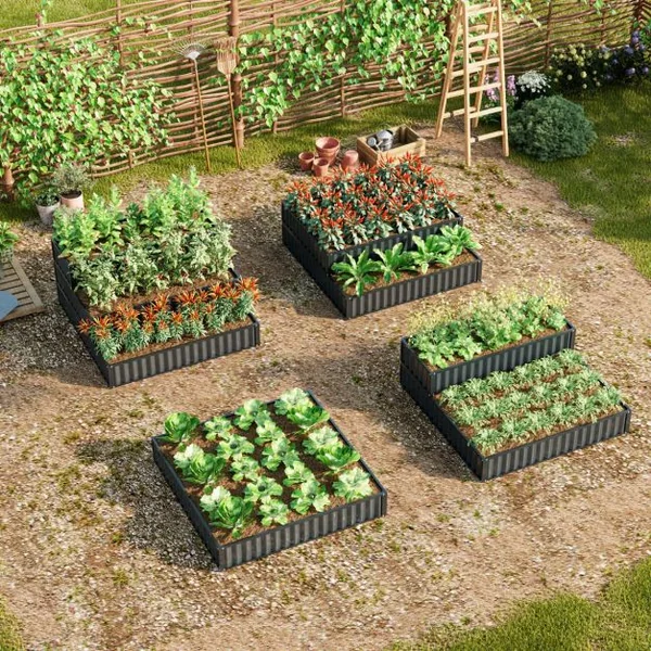 Jardinière Surélevée en Métal Robuste à 3 Niveaux 118 x 118 x 61 cm Lit de Jardin Extérieure avec Base Ouverte Noir