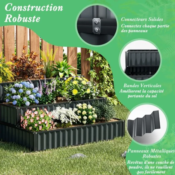 Jardinière Surélevée en Métal Robuste à 3 Niveaux 118 x 118 x 61 cm Lit de Jardin Extérieure avec Base Ouverte Noir