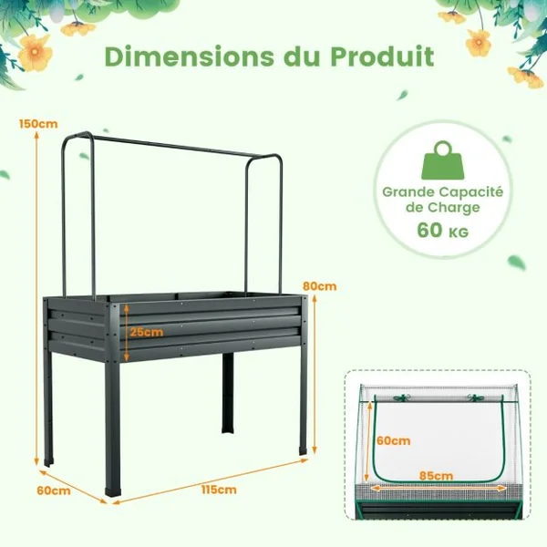 Jardinière Surélevée Potager 3-en-1 avec Couverture de Serre et Treillis Bac de Plantation Métallique sur Pieds avec Trous de Drainage Gris