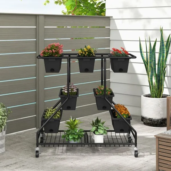 Jardinière Surélevée Vertical avec 7 Bacs de Plantation Trous de Drainage Paniers de Rangement 4 Roulettes Verrouillables 100x56x99cm Noir