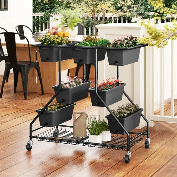 Jardinière Surélevée Vertical avec 7 Bacs de Plantation Trous de Drainage Paniers de Rangement 4 Roulettes Verrouillables 100x56x99cm Noir