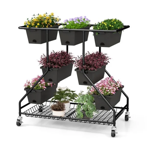 Jardinière Surélevée Vertical avec 7 Bacs de Plantation Trous de Drainage Paniers de Rangement 4 Roulettes Verrouillables 100x56x99cm Noir