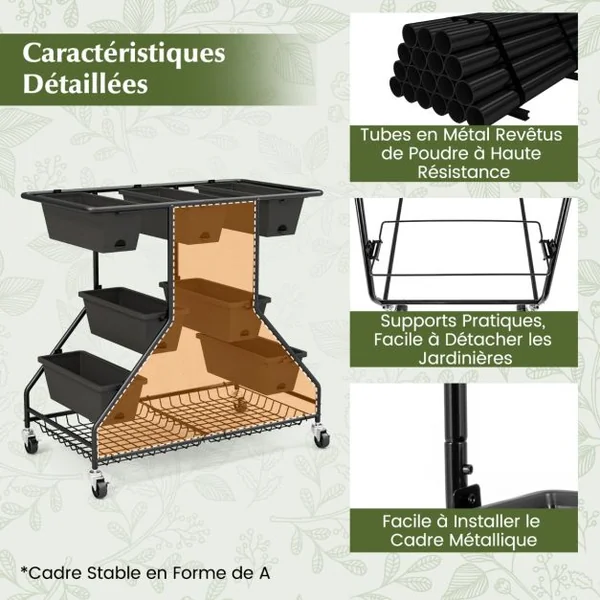Jardinière Surélevée Vertical avec 7 Bacs de Plantation Trous de Drainage Paniers de Rangement 4 Roulettes Verrouillables 100x56x99cm Noir