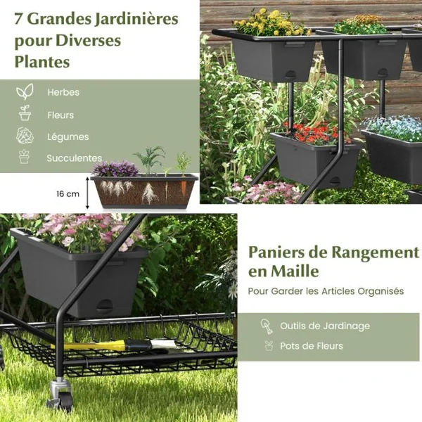 Jardinière Surélevée Vertical avec 7 Bacs de Plantation Trous de Drainage Paniers de Rangement 4 Roulettes Verrouillables 100x56x99cm Noir