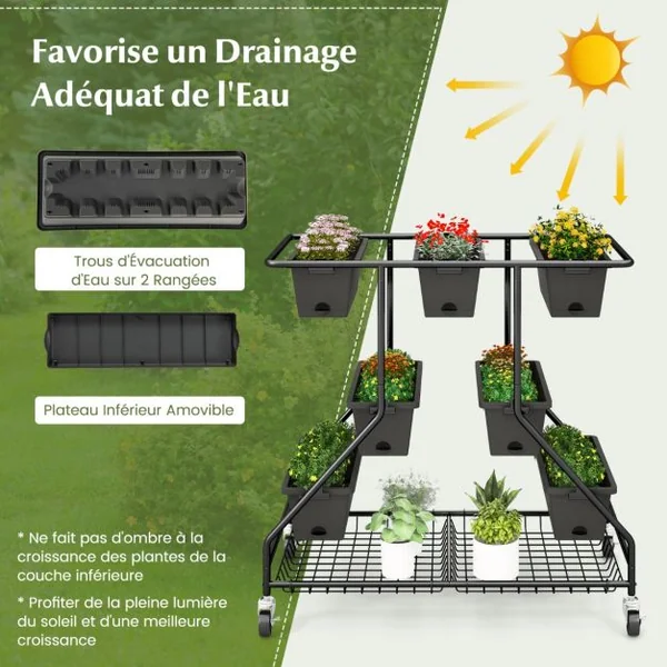Jardinière Surélevée Vertical avec 7 Bacs de Plantation Trous de Drainage Paniers de Rangement 4 Roulettes Verrouillables 100x56x99cm Noir