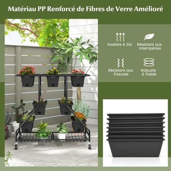 Jardinière Surélevée Vertical avec 7 Bacs de Plantation Trous de Drainage Paniers de Rangement 4 Roulettes Verrouillables 100x56x99cm Noir