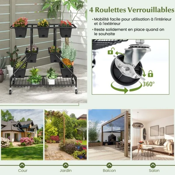 Jardinière Surélevée Vertical avec 7 Bacs de Plantation Trous de Drainage Paniers de Rangement 4 Roulettes Verrouillables 100x56x99cm Noir