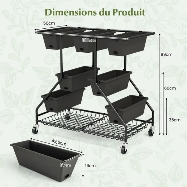 Jardinière Surélevée Vertical avec 7 Bacs de Plantation Trous de Drainage Paniers de Rangement 4 Roulettes Verrouillables 100x56x99cm Noir