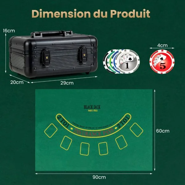 Jeu de Jetons de Poker Texas Hold’em 300 Jetons de Poker de Casino 2 Jeux de Cartes Jeton de Croupier Tapis Feutre Mallette Aluminium Noir