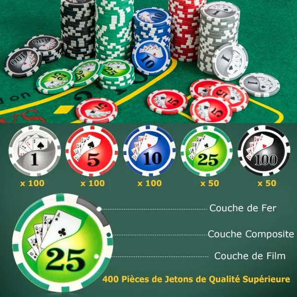 Jeu de Jetons de Poker Texas Hold’em 400 Jetons de Poker de Casino 2 Jeux de Cartes Jeton de Croupier 5 Dés Tapis Feutre Mallette Noir